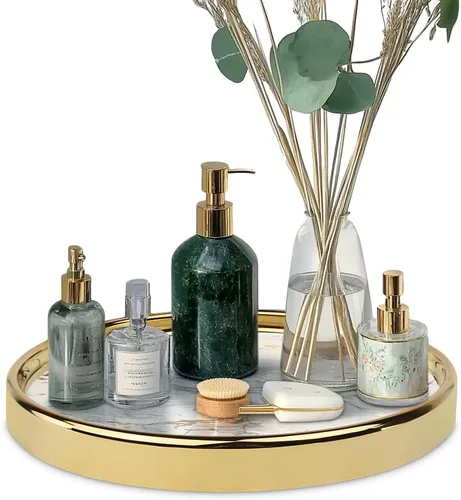 Miniatura 8 de Bandeja decorativa negra redonda pequeña – Plato de joyería con aspecto de mármol, organizador de perfumes, bandeja de maquillaje para tocador, Negro