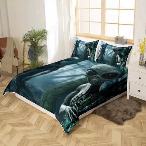 Miniatura 2 de Funda de edredón con estampado de extraterrestre, juego de ropa de cama de nave espacial para niños y niñas, decoración de habitación