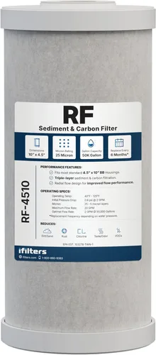 iFilters Cartucho de repuesto de filtro de agua de carbono y sedimentos de 5 micrones de 10 x 4.5 pulgadas para toda la casa para GE FXHTC, GXWH40L,