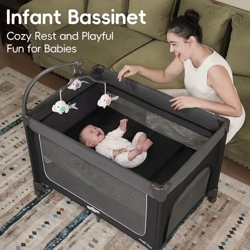 Miniatura 4 de Pamo Babe Magic Fold Pack and Play con moisés, juego de 1 paso, juego de corrales plegables para bebé con cambiador, corralito portátil con puerta
