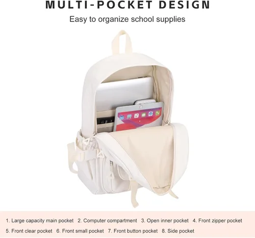 Miniatura 6 de Phaoullzon Mochila Kawaii para niñas, mochila escolar linda de anime con alfileres y colgante, Beige, Mediana, Moderno
