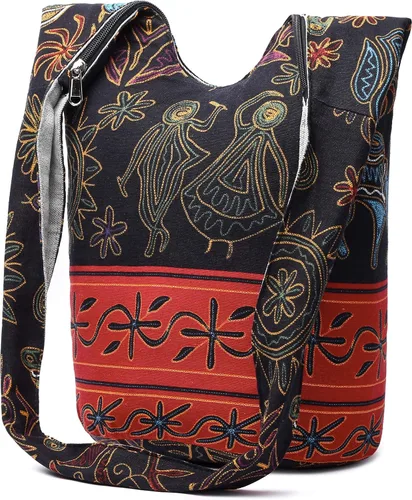 Miniatura 30 de Bolsa de hombro para mujer, de lona en estilo hippie/bohemio para llevar cruzada al hombro, disponible en diferentes colores y estampados