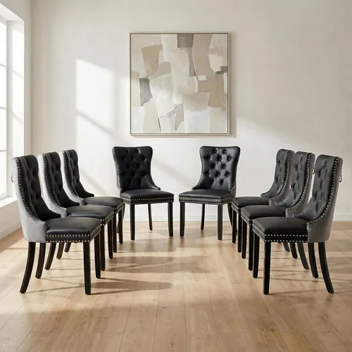 Miniatura 124 de OVENTA Juego de 4 sillas de comedor modernas tapizadas copetudas, terciopelo negro y gris y cuero con patas de madera maciza, sillas de cocina
