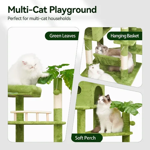 Miniatura 5 de Meecal Árbol para Gatos de 65 Pulgadas de Alto con Hojas para Gatos de Interior, Torre Verde para Gatos con Poste Rascador, Hamaca Colgante, Percha
