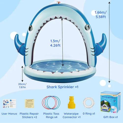 Miniatura 6 de Gleamkid Aspersor de tiburón gigante para niños, juguetes inflables de agua con rociador de 360°, 4 anillos de lanzamiento de plástico, juego