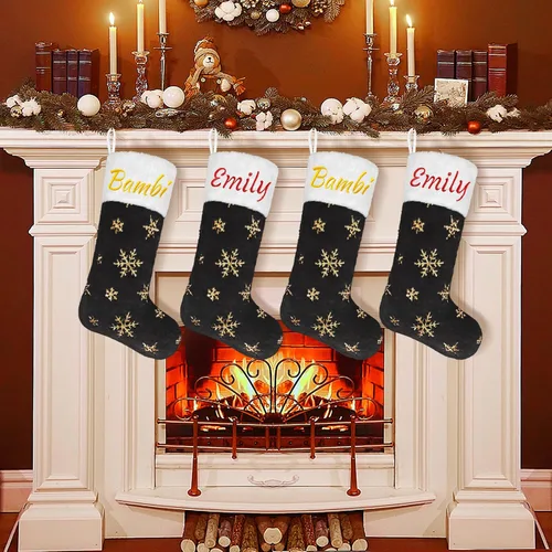 Miniatura 6 de Calcetines negros de piel sintética de Navidad, 1 paquete grande de 22 pulgadas, medias colgantes de felpa negra con nombre personalizado con copos