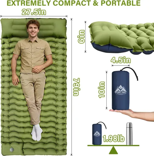 Miniatura 2 de FUN PAC Colchoneta de dormir para camping, ultraligera con almohada, bomba de pie integrada, almohadillas inflables compactas para acampar, Verde
