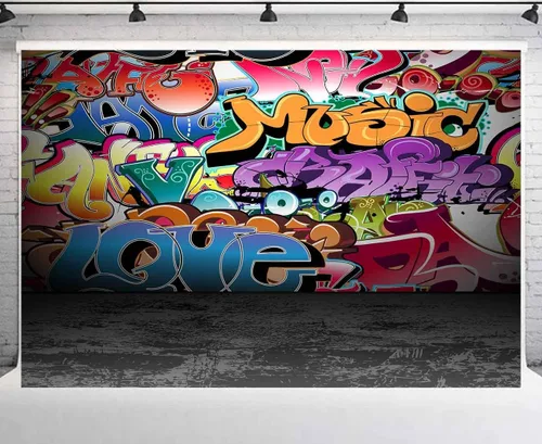 Miniatura 8 de Telones de fondo de fotografía de graffiti de 5 x 3 pies, colorido hip hop urbano temática sesión de fotos de regreso a la fiesta temática