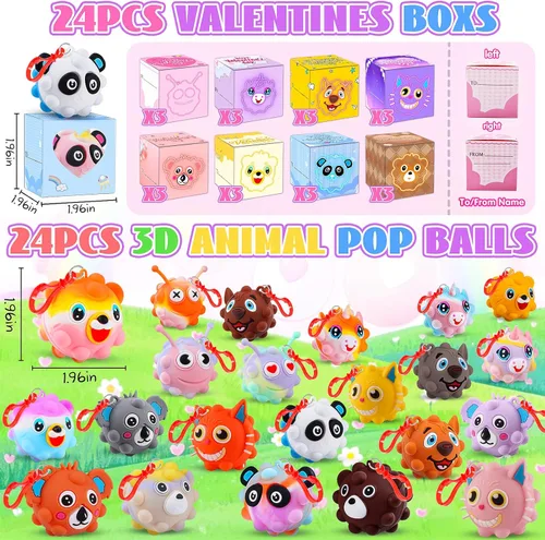 Miniatura 2 de Regalos para el día de San Valentín para niños, paquete de 24 cajas de San Valentín precargadas con bolas de animales 3D, recuerdos de fiesta de San