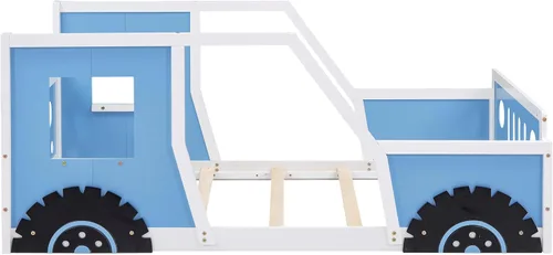 Miniatura 5 de SOFTSEA Cama de suelo tamaño individual con forma de automóvil con ruedas, marco de cama Montessori con valla y puerta para niños y niñas, soporte