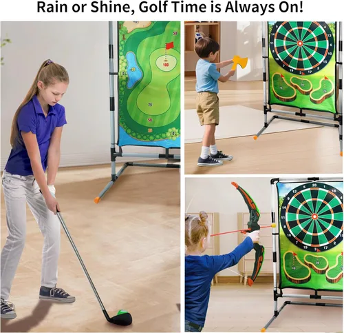 Miniatura 3 de Juego de astillado de golf con soporte, juego de práctica de golf multideportivo con tiro con arco, hacha, dardos, alfombrilla de golpeo de doble
