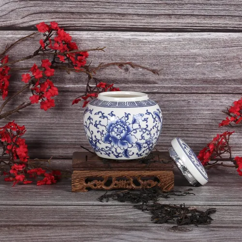 Miniatura 5 de XINGYAN Tarro de jengibre pequeño de cerámica de porcelana china tradicional azul y blanca con tapa, para almacenamiento de té, decoración