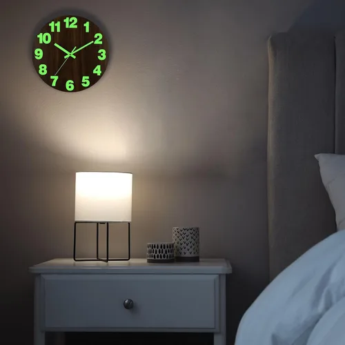 Miniatura 6 de Plumeet Reloj de pared con luz nocturna, reloj de madera de 10 pulgadas que brilla en la oscuridad para dormitorio, pequeño reloj de pared iluminado