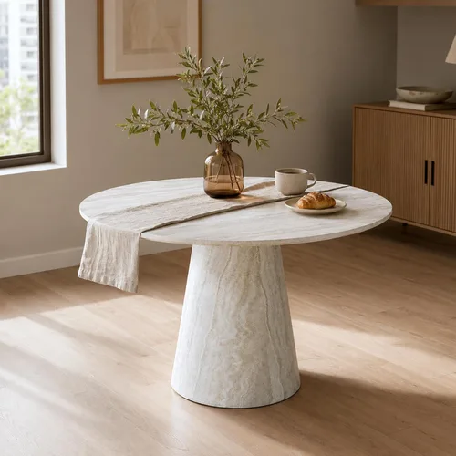 Miniatura 3 de Mesa de comedor redonda de 45 pulgadas, moderna mesa de madera de imitación de mármol, mesa gruesa y espaciosa con base de pedestal, fácil