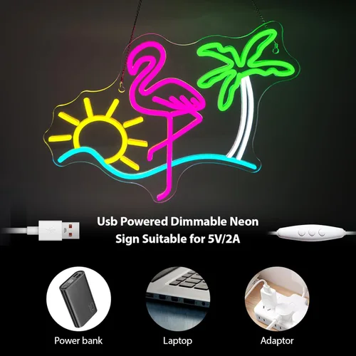 Miniatura 4 de Letreros de neón de flamenco, sol y palmera para decoración de pared, divertido letrero de luz de neón LED regulable, alimentado por USB, para bar