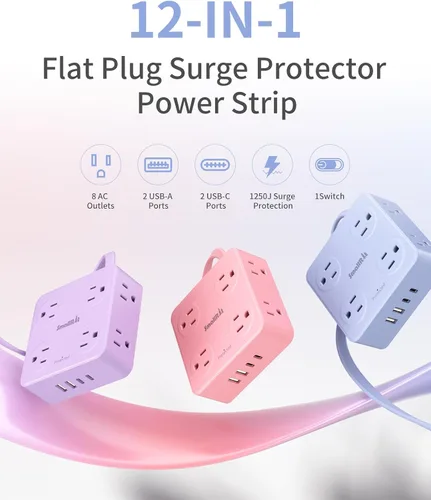 Miniatura 2 de SMALLRT - Cable de extensión con múltiples tomas, extensor de salida con protector de sobretensiones, enchufe plano de 6.5 pies con puertos USB, 8