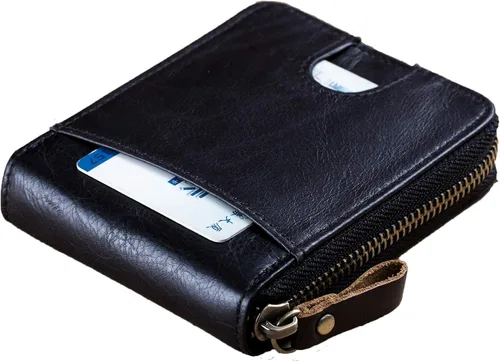 Miniatura 5 de BULLCAPTAIN Cartera de cuero genuino con cremallera para hombre bloqueo RFID cremallera segura y plegable alrededor de carteras cartera