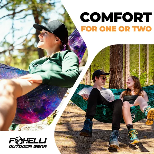 Miniatura 5 de Foxelli Hamaca de camping – Hamaca portátil de nailon de paracaídas ligera con cuerdas de árbol y mosquetones, perfecta para exteriores, mochileros