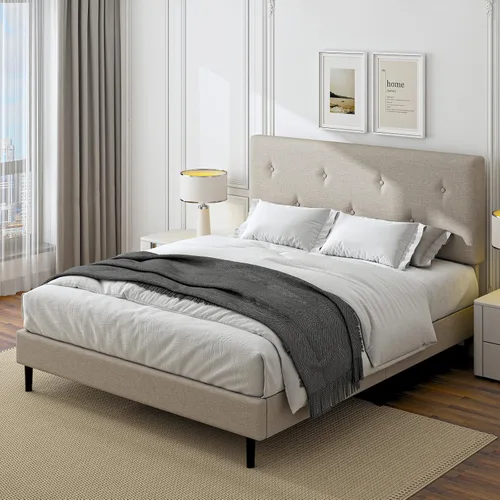 Miniatura 8 de Marco de cama de lino de tamaño matrimonial, marco de cama tapizado con cabecera ajustable, soporte de listones de madera, no necesita somier, fácil