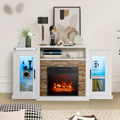 Miniatura 6 de Tangkula Soporte de TV para chimenea eléctrica, chimenea eléctrica con luces LED de 16 colores, estantes de vidrio ajustables, control remoto