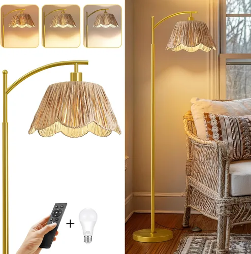 Miniatura 25 de Oneach Lámpara de pie arqueada para sala de estar, lámpara de pie de ratán boho con pantalla tejida a mano, interruptor a pedal, base y poste de Oro