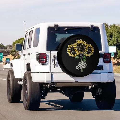 Miniatura 2 de Skeletons - Funda para neumático de repuesto con diseño de girasol, con orificio de cámara de respaldo, para remolque, RV, SUV y muchos vehículos