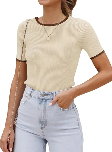 ZESICA Camiseta de manga corta con cuello redondo y punto acanalado para mujer, ajustada, básica, informal, con bloques de color, para verano 2024