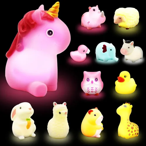 TOY Life 12 piezas de juguetes de baño de animales que se iluminan para edades 1-3, juguetes de baño luminosos sin agujeros para niños, regalos de