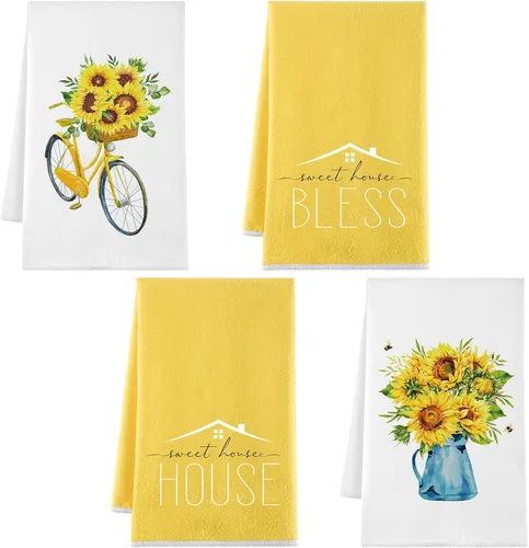 Bencailor Juego de 4 toallas de mano de verano con girasol, juego de cocina, color amarillo, decoración de verano, paño de té para decoración de