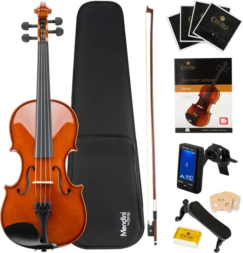 Miniatura 16 de Violín Mendini de madera sólida, libro de lecciones, cuerdas extra, sintonizador violín, arco y estuche, Blanco