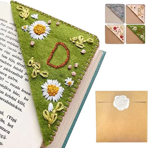 Miniatura 41 de Marcapáginas de esquina bordado a mano personalizado, 26 letras con costura a mano de fieltro, marcapáginas de esquina con bordado de flores lindo