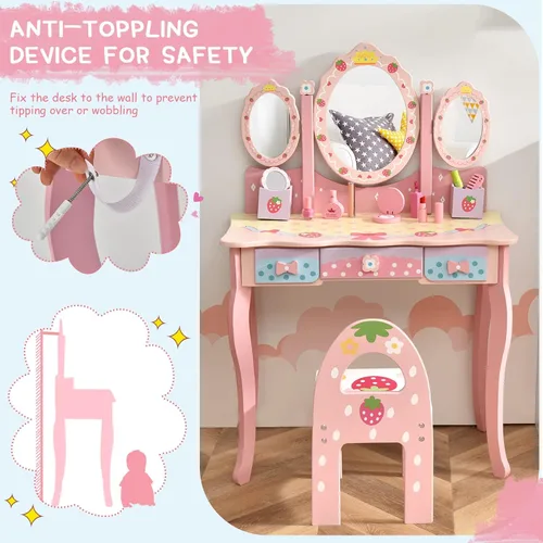 Miniatura 7 de Olakids Juego de tocador y silla de madera de fresa rosa 2 en 1 para niños pequeños con espejo de tres pliegues, taburete, cajones