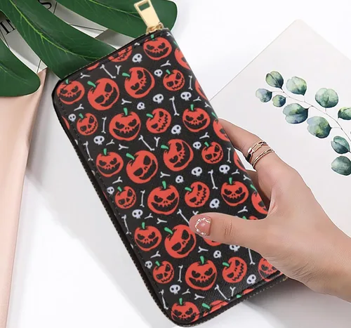 Miniatura 3 de Nabegum Billetera con estampado de vaca, regalos de vaca para mujer, monedero delgado para tarjetas de crédito, estampado de calabaza, Cartera larga