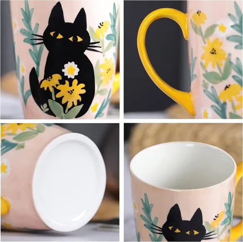 Miniatura 5 de NymphFable Taza de café de cerámica grande con mango 100% pintado a mano regalo de Navidad 20.3 fl oz/20oz Gato lindo rosa