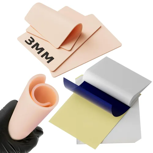 Kit de piel de práctica de tatuajes en blanco, juego de 13 piezas con 3 pieles falsas de doble cara de 7.4 x 5.6 pulgadas y 10 papeles de