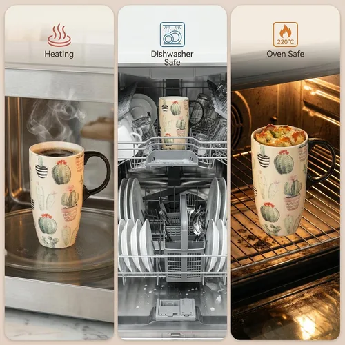 Miniatura 4 de Topadorn Taza de café de cerámica de 17 onzas con tapa, taza de cactus bohemio de acuarela, bonita taza de té de porcelana suculenta, apta