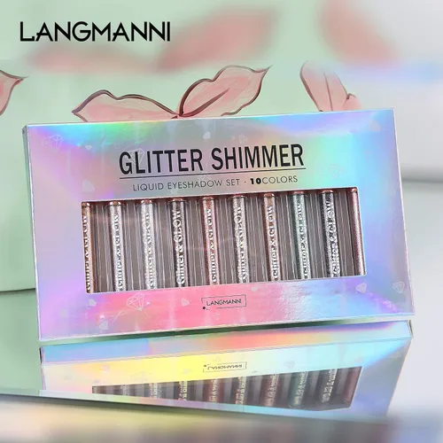 Miniatura 6 de LANGMANNI 10 sombras de ojos con purpurina líquida, juego de maquillaje metálico brillante a prueba de sudor, polvo de mezcla altamente pigmentado