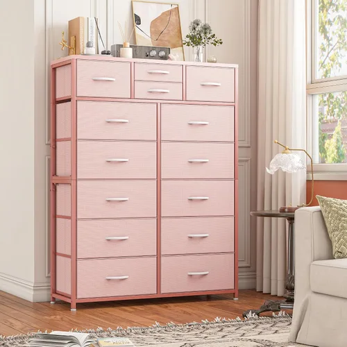 Miniatura 9 de EnHomee Cómodas altas para dormitorio con cajón, cómodas para dormitorio, cómodas de tela y cómodas para sala de estar, parte superior de madera