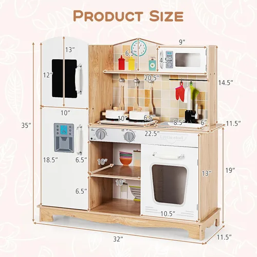Miniatura 4 de Costzon Juego de cocina para niños, cocina de juguete de madera con luz y sonido, microondas, máquina de hielo, horno, fregadero y grifo, accesorios