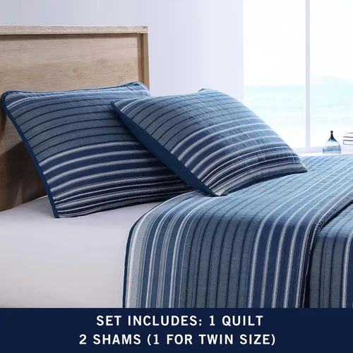 Miniatura 4 de Nautica - Juego de ropa de cama Queen, ropa de cama de algodón suave y transpirable con sensación de peso medio, juego de cama reversible de 3 Azul