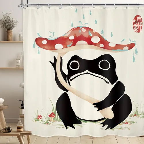 Miniatura 35 de Juego Divertido de Cortina de Rana Retro para Ducha, Juego de Baño 48x71 Pulgadas, Estilo Asiático Lindo, Arte Japonés Tradicional de Pato de Goma