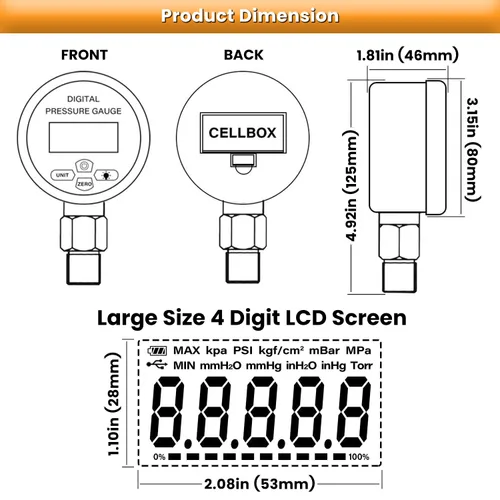 Miniatura 6 de Manómetro de presión hidráulica digital de 10000PSI Sensor de presión Manómetro con conector NPT de 1/4 de pulgada Base Entrada 700BAR/70Mpa 3.15