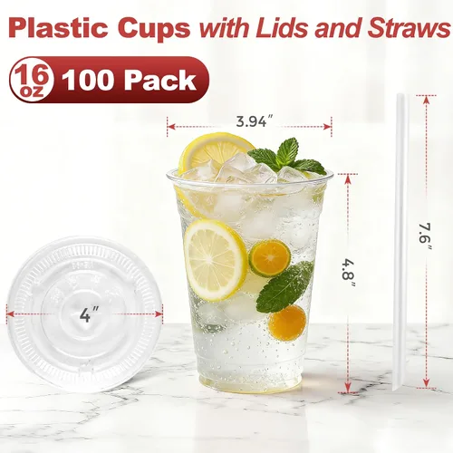Miniatura 4 de Ginkgo Paquete de 100 vasos de plástico transparente de 16 onzas con tapas y pajitas, a prueba de fugas y resistentes, tazas desechables para café