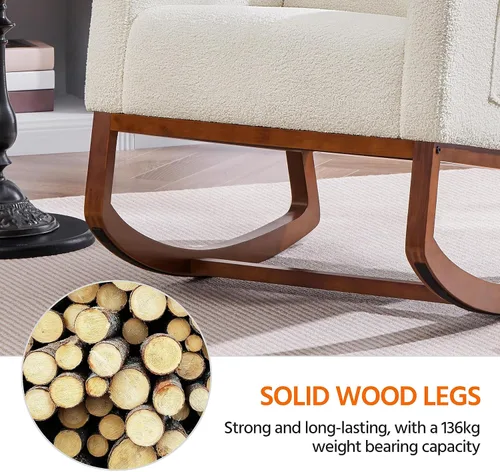 Miniatura 6 de Yaheetech Silla mecedora tapizada, silla de bebé Boucle Glider con respaldo alto y bolsillo lateral, sillón mecedor con patas de madera de goma