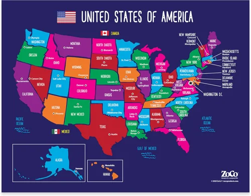 Póster de 50 estados con mayúsculas de Estados Unidos - Laminado de 17 x 22 pulgadas - Colorido mapa completo de Estados Unidos para niños - América