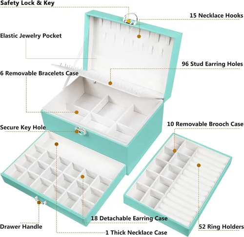 Miniatura 133 de Joyero de pendientes para mujeres y niñas, organizador de aretes de 5 capas, caja organizadora de joyas blanca con candado, collares y aretes