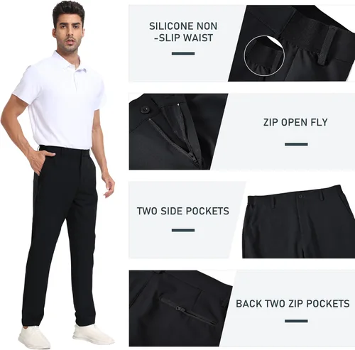 Miniatura 3 de MoFiz Pantalones de golf ajustados para hombre, con 2 bolsillos con cremallera, ligeros, elásticos, casuales, para viajes, trabajo, para hombre