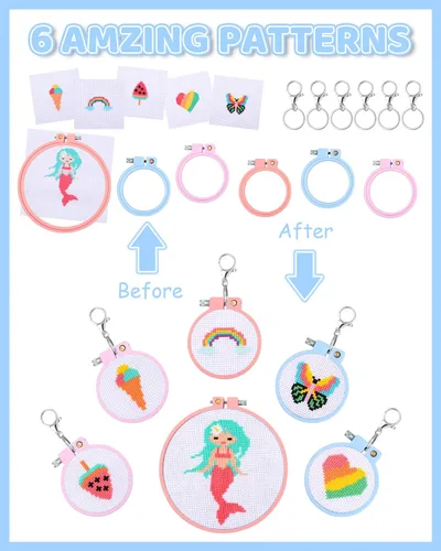 Miniatura 4 de Pllieay 6 kits de punto de cruz para principiantes para niños de 7 a 13 años, kit de bordado para niños, kit de punto de aguja, kit de manualidades