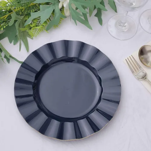Miniatura 37 de Tableclothsfactory Paquete de 10 platos redondos de plástico negro de 6 pulgadas para ensalada de postre, platos desechables con borde ondulado