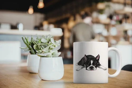 Miniatura 5 de MUGBREW Boston Terrier - Taza de café de cerámica con diseño de perro acostado y mirando hacia arriba, 11 onzas